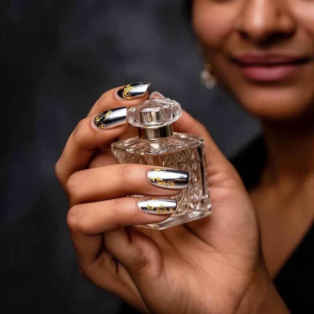 Chrome nails with gold foil