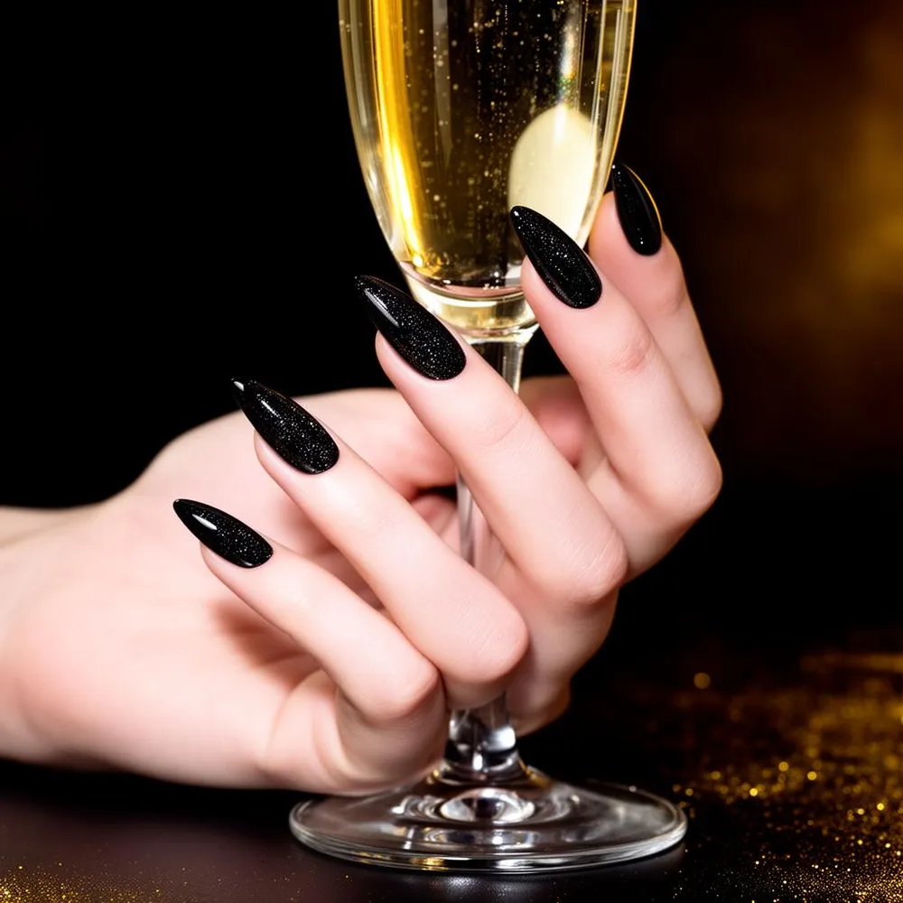 Black glitter almond nails