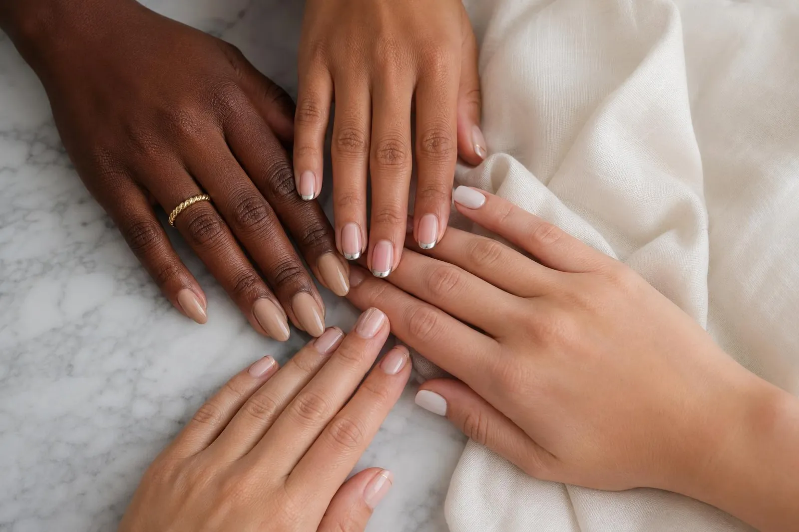 Diverse hands showing classy luxury nail art